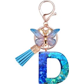 Besvatsy Blue Green Fashion Alphabet Initial Letter Keychain Tassel Butterfly Pendant Key Ring for Women Girls Purse Handbags