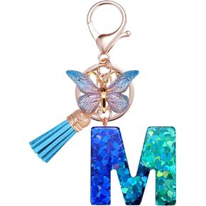 Besvatsy Blue Green Fashion Alphabet Initial Letter Keychain Tassel Butterfly Pendant Key Ring for Women Girls Purse Handbags