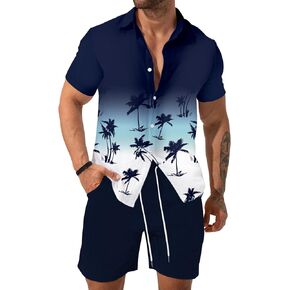 Verdusa Men's Hawaiian Sets 2 Piece Outfits Casual Button Down Summer Shirt and Shorts