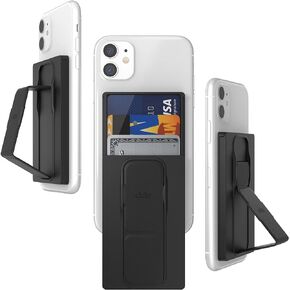 CLCKR Universal Grip Stand and Phone Wallet, Adhesive 3 Card Holder with Finger Grip, Portrait and Landscape Stand Function, Compatible with iPhone, Samsung, Huawei and More, Black