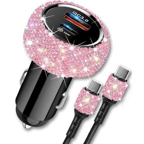 Bling USB C Car Charger, 48W PD + QC Dual Port Fast Charging Adapter with 3.2FT USB Type-C Charging Cable Compatible with iPhone 15 Pro Max iPad Samsung Galaxy Android(Pink)