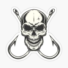 STICKY DUDE | Skull with Fishing Hooks for Fisherman Skeleton Crew Sticker | Yeti Cup Vinyl Cooler Box Waterproof Sticker Decal Car Laptop Wall Window Bumper Sticker 5"