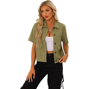 Allegra K Casual Tooling Short Sleeved Shirt for Women's Turndown Collar Jacket Lightweight Button Down Shirt