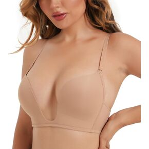 HACI Deep U Bra for Women Plunge Push Up Cleavage Seamless Low Neckline Padded Red Carpet Comfort