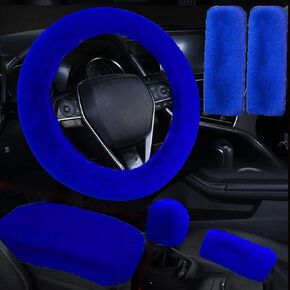 6pcs in 1 Set Soft Fluffy Car Steering Wheel Cover Faux Wool Auto Center Armrest Cove & Gear Shift Cover & Handbrake Cover & 2pcs Seat Belt Shoulder Pads Warm Winter Universal Fit for 15 Inch