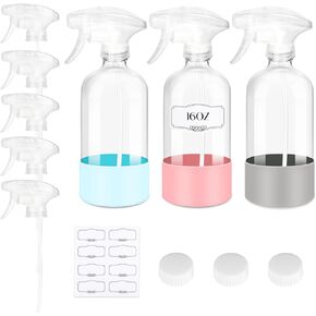 ZENOWICK 5 Pack/16 Oz Glass Spray Bottles, Refillable Empty Containers with Silicone Protective Sleeve, Upgraded Adjustable Nozzle Spray Bottle Sets for Cleaning, Essential Oils, Hair, Plants