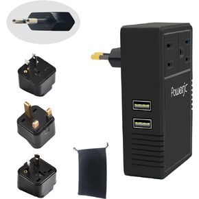 Powerjc Travel Voltage Converter Adapter Power Step Down 220V to 110V 2000W with 2 Outlets and 2 Smart USB Charging Ports Black