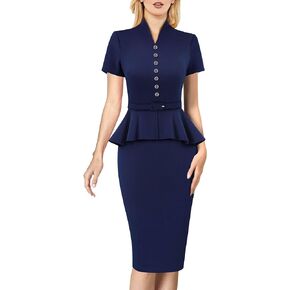 VFSHOW Womens V Neck Belted Button Office Business Back Split Work Church Slim Fit Knee Length Bodycon Pencil Dress