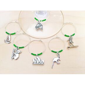 Australia Wine Charms: Includes Australia, Sydney Opera House, Koala, Kangaroo, Surfer girl, and Sailboat. Gift for Australians. Set of 6. GREEN BEADS