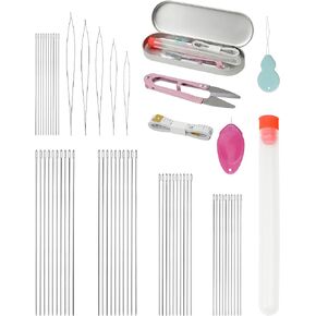 FIVEIZERO 60 Pieces Beading Needle Set, 5 Sizes Species Big Eye Beading Needles (with Threader) Needle Bottle, Yarn, Embroidery Needle, Thimble Foldable Beading Needle Set for Jewelry Making