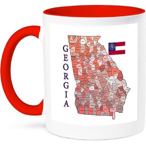 3dRose Colorful Map And Flag Of Georgia With All Counties Identified Two Tone Mug, 11 oz, Red
