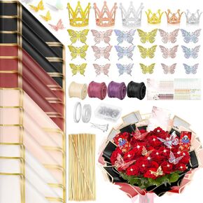 ROADPLUM 40 Sheets Flower Wrapping Paper, 4 Colors Bouquet Wrapping Paper with 100 Diamond Pins 60 Gold Butterflies 4 Ribbon 6 Gold Crowns 20 Cards 90 Bamboo Stick, DIY Floral Bouquet Accessories