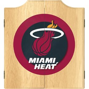 Trademark Global Dart Board Cabinet Set - Miami Heat Logo Dart Board with 6 Steel Tip Darts, Scoreboard, Hanging Wood Cupboard