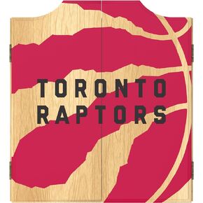 Trademark Global Dart Board Cabinet Set - Toronto Raptors Fade Dart Board with 6 Steel Tip Darts, Scoreboard, Hanging Wood Cupboard