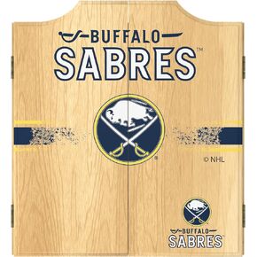 Trademark Global Dart Board Cabinet Set - Buffalo Sabres Logo Dart Board with 6 Steel Tip Darts, Scoreboard, Hanging Wood Cupboard