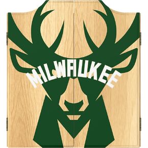 Trademark Global Dart Board Cabinet Set - Milwaukee Bucks Fade Dart Board with 6 Steel Tip Darts, Scoreboard, Hanging Wood Cupboard