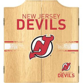 Trademark Global Dart Board Cabinet Set - New Jersey Devils Logo Dart Board with 6 Steel Tip Darts, Scoreboard, Hanging Wood Cupboard