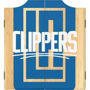 Trademark Global Dart Board Cabinet Set - Los Angeles Clippers Fade Dart Board with 6 Steel Tip Darts, Scoreboard, Hanging Wood Cupboard