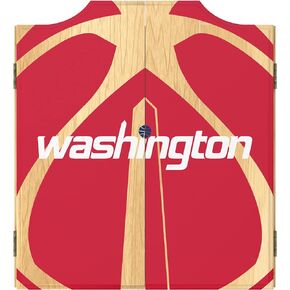 Trademark Global Dart Board Cabinet Set - Washington Wizards Fade Dart Board with 6 Steel Tip Darts, Scoreboard, Hanging Wood Cupboard