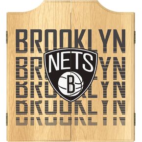 Trademark Global Dart Board Cabinet Set - Brooklyn Nets City Dart Board with 6 Steel Tip Darts, Scoreboard, Hanging Wood Cupboard