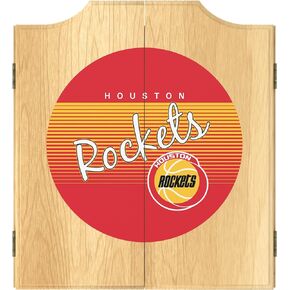 Trademark Global Dart Board Cabinet Set - Houston Rockets Hardwood Classics Dart Board with 6 Steel Tip Darts, Scoreboard, Hanging Wood Cupboard