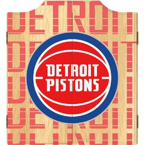 Trademark Global Dart Board Cabinet Set - Detroit Pistons City Dart Board with 6 Steel Tip Darts, Scoreboard, Hanging Wood Cupboard