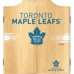 مجموعة خزانة لوحة رمي السهام العالمية ذات العلامة التجارية - لوح رمي السهام بشعار Toronto Maple Leafs مع 6 سهام ذات أطراف فولاذية، لوحة النتائج، خزانة خشبية معلقة