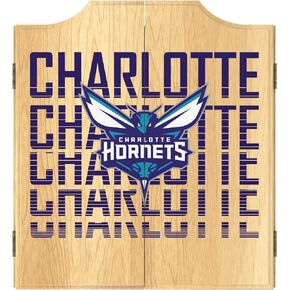 Trademark Global Dart Board Cabinet Set - Charlotte Hornets City Dart Board with 6 Steel Tip Darts, Scoreboard, Hanging Wood Cupboard