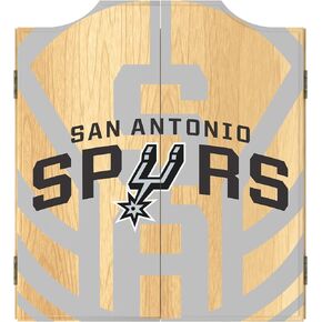 Trademark Global Dart Board Cabinet Set - San Antonio Spurs Fade Dart Board with 6 Steel Tip Darts, Scoreboard, Hanging Wood Cupboard