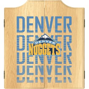 Trademark Global Dart Board Cabinet Set - Denver Nuggets City Dart Board with 6 Steel Tip Darts, Scoreboard, Hanging Wood Cupboard
