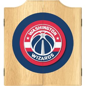 Trademark Global Dart Board Cabinet Set - Washington Wizards Logo Dart Board with 6 Steel Tip Darts, Scoreboard, Hanging Wood Cupboard