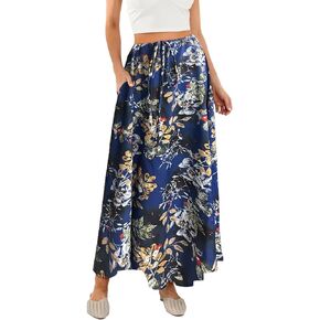Womens Flowy Maxi Skirt Vintage Floral Print High Waist Elastic A Line Boho Beach Holiday Long Skirts