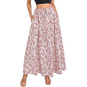 Womens Flowy Maxi Skirt Vintage Floral Print High Waist Elastic A Line Boho Beach Holiday Long Skirts in Kuwait