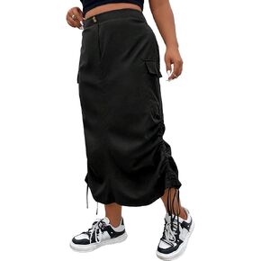 OYOANGLE Women's Plus Size Elastic High Waist Flap Pocket Drawstring Side Midi Cargo Skirts
