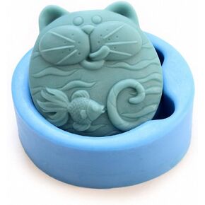 Cat and Goldfish Soap Mold - MoldFun Cute Cat and Fish Art Craft Silicone Mold for Handmade Soap, Lotion Bar, Bath Bomb, Plaster of Paris (Random Color)
