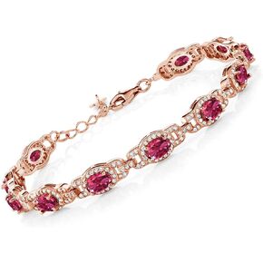Gem Stone King 9.10 Ct Oval Pink Tourmaline 18K Rose Gold Plated Silver 7 Inch Bracelet For Women With 1 Inch Extender