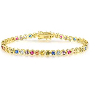 Gemsme 3.0mm Colorful Tennis Link Bracelet, 18K White/Yellow Gold Plated Bezel-Set 3MM Cubic Zirconia Rainbow Tennis Bracelet for Women 6-8.5 Inches