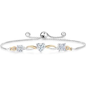 Gem Stone King 925 Silver and 10K Yellow Gold Princess Round and Heart White Moissanite and White Lab Grown Diamond Tennis Bracelet For Women By Keren Hanan (1.72 Cttw, Fully Adjustable Up to 9 Inch)