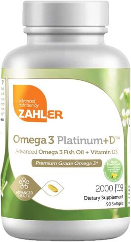 Zahler Omega 3 Platinum +D، مكمل زيت السمك النقي الطبيعي بالكامل، كبسولة هلامية بدون تجشؤ بدون مذاق مريب، الأعلى في EPA وDHA، كوشير معتمد، 90 كبسولة هلامية in Kuwait