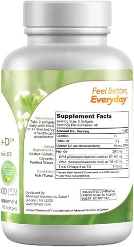 Zahler Omega 3 Platinum +D، مكمل زيت السمك النقي الطبيعي بالكامل، كبسولة هلامية بدون تجشؤ بدون مذاق مريب، الأعلى في EPA وDHA، كوشير معتمد، 90 كبسولة هلامية in Kuwait