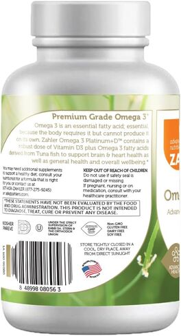 Zahler Omega 3 Platinum +D، مكمل زيت السمك النقي الطبيعي بالكامل، كبسولة هلامية بدون تجشؤ بدون مذاق مريب، الأعلى في EPA وDHA، كوشير معتمد، 90 كبسولة هلامية in Kuwait