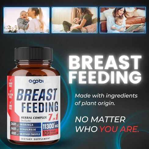 مكملات الرضاعة الطبيعية العشبية من أجوبي 11300 مجم مكافئة - 7 في 1 أوراق المورينغا المخلوطة والحلبة والشوك المبارك والمزيد لتشجيع حليب المرأة 120 كبسولة نباتية لمدة شهرين in Kuwait