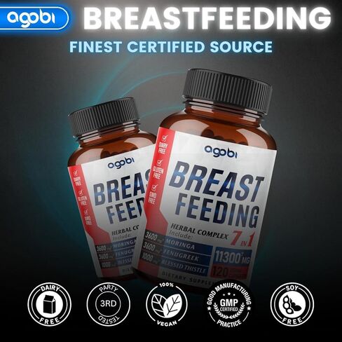 مكملات الرضاعة الطبيعية العشبية من أجوبي 11300 مجم مكافئة - 7 في 1 أوراق المورينغا المخلوطة والحلبة والشوك المبارك والمزيد لتشجيع حليب المرأة 120 كبسولة نباتية لمدة شهرين in Kuwait