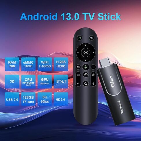Android TV Stick 13.0 مع إصدار Android TV، ذاكرة الوصول العشوائي 2 جيجابايت، 16 جيجابايت ROM مع وحدة المعالجة المركزية H618، دعم 6K، 2.4G/5G WiFi، BT 4.1، جهاز التحكم عن بعد الصوتي in Kuwait