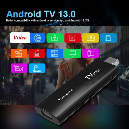 Android TV Stick 13.0 مع إصدار Android TV، ذاكرة الوصول العشوائي 2 جيجابايت، 16 جيجابايت ROM مع وحدة المعالجة المركزية H618، دعم 6K، 2.4G/5G WiFi، BT 4.1، جهاز التحكم عن بعد الصوتي in Kuwait