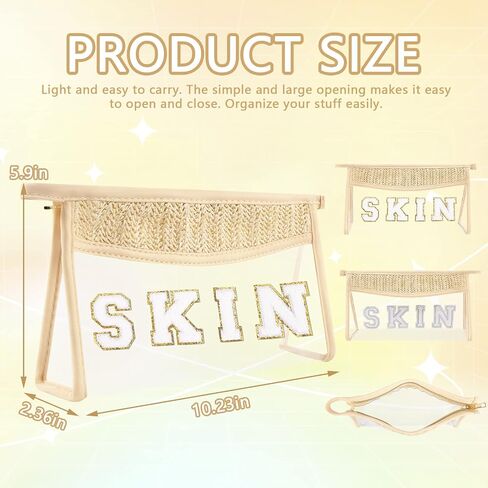 حقيبة Iqimott Boho Patch SPF حقيبة شفافة للمكياج، حقيبة مكياج بسحاب مقاوم للماء وحقيبة أدوات الزينة للنساء والفتيات، حقيبة مستحضرات تجميل شفافة برقعة شفافة للسفر (SPF، بيج) in Saudi Arabia