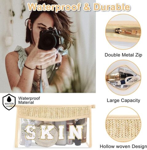 حقيبة Iqimott Boho Patch SPF حقيبة شفافة للمكياج، حقيبة مكياج بسحاب مقاوم للماء وحقيبة أدوات الزينة للنساء والفتيات، حقيبة مستحضرات تجميل شفافة برقعة شفافة للسفر (SPF، بيج) in Saudi Arabia