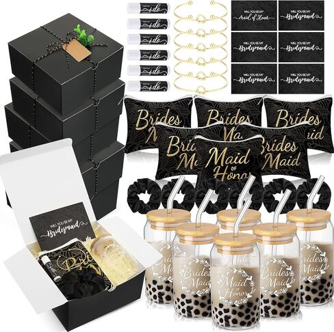 42 Pcs Bridesmaid Proposal Gifts Maid of Honor Gifts Include Gift Box Glass Cup Cosmetic Makeup Bags Invited Cards Lip Balm Hair Scrunchie Bracelets for Wedding Bridal Shower(Black) in Saudi Arabia