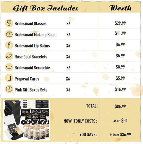 42 Pcs Bridesmaid Proposal Gifts Maid of Honor Gifts Include Gift Box Glass Cup Cosmetic Makeup Bags Invited Cards Lip Balm Hair Scrunchie Bracelets for Wedding Bridal Shower(Black) in Saudi Arabia