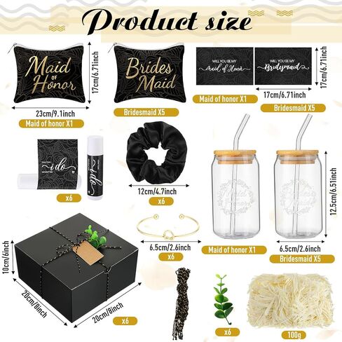 42 Pcs Bridesmaid Proposal Gifts Maid of Honor Gifts Include Gift Box Glass Cup Cosmetic Makeup Bags Invited Cards Lip Balm Hair Scrunchie Bracelets for Wedding Bridal Shower(Black) in Saudi Arabia
